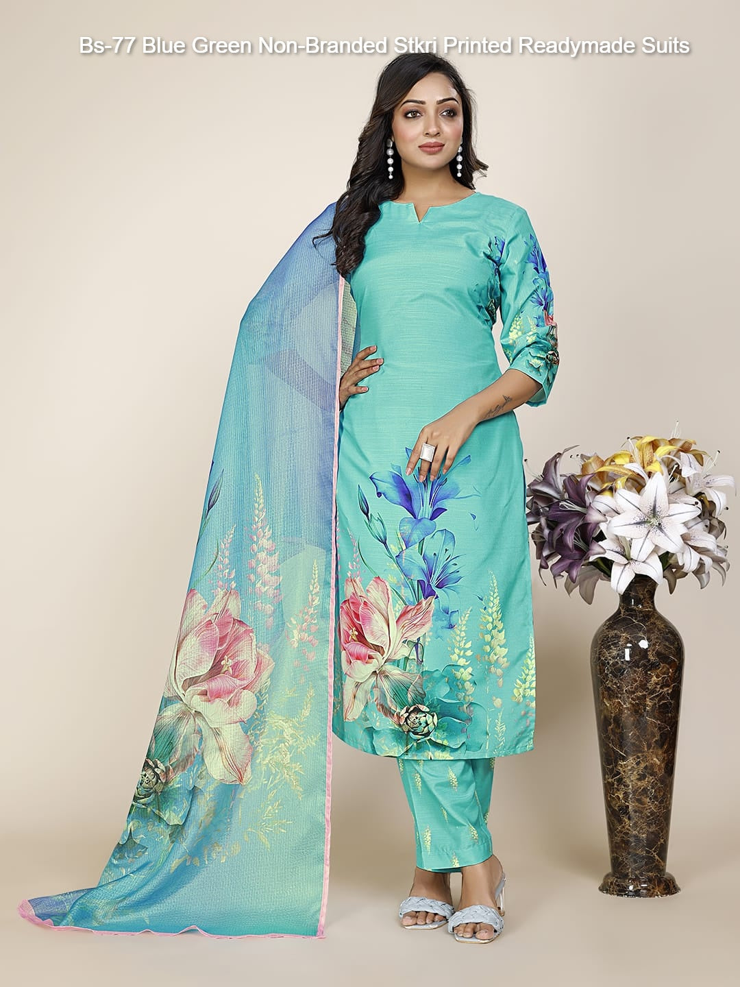 Bs-77 Blue Green Non-Branded Stkri Printed Readymade Suits