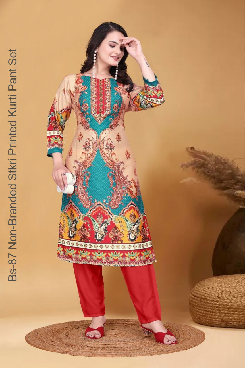 Bs-87 Non-Branded Stkri Printed Kurti Pant Set