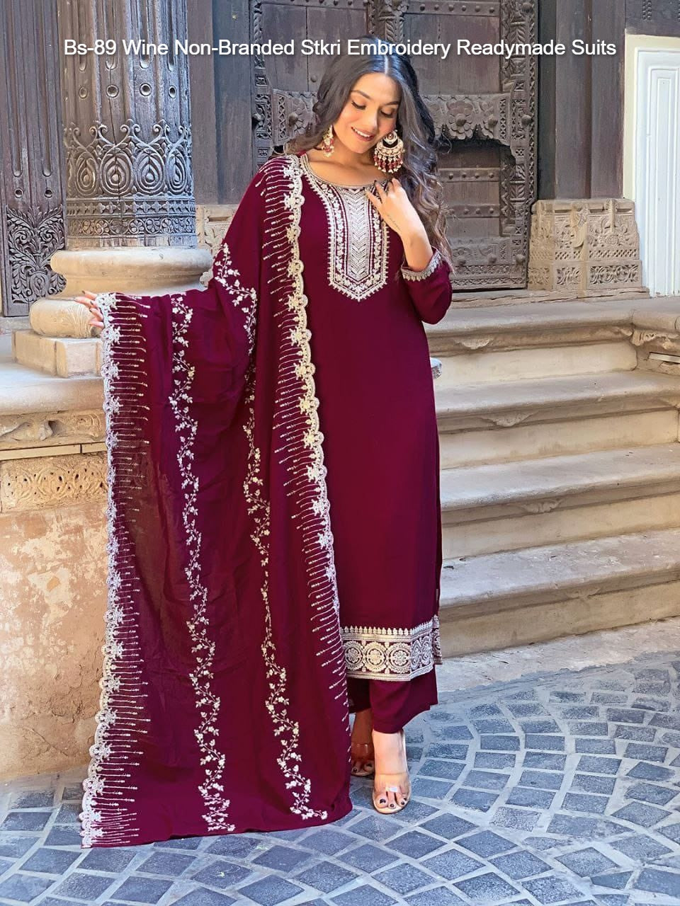 Bs-89 Wine Non-Branded Stkri Embroidery Readymade Suits