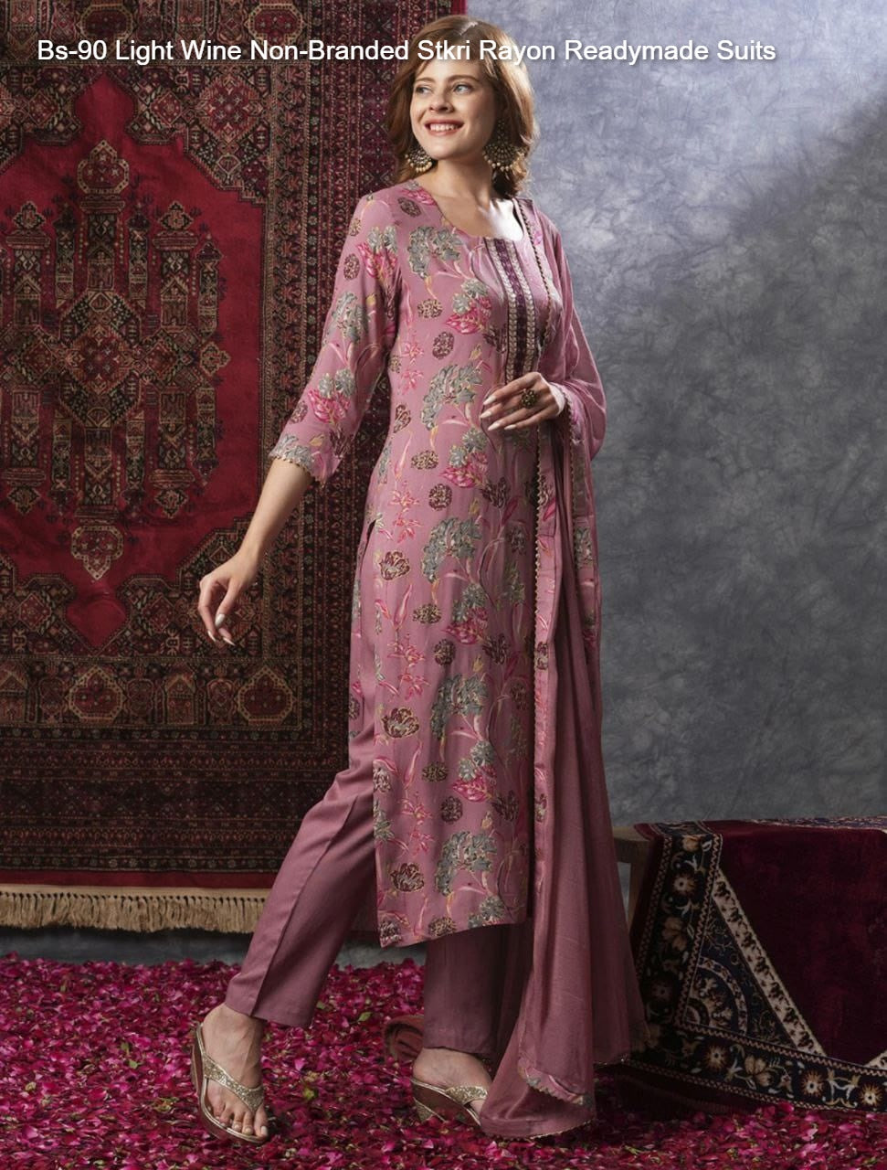 Bs-90 Light Wine Non-Branded Stkri Rayon Readymade Suits
