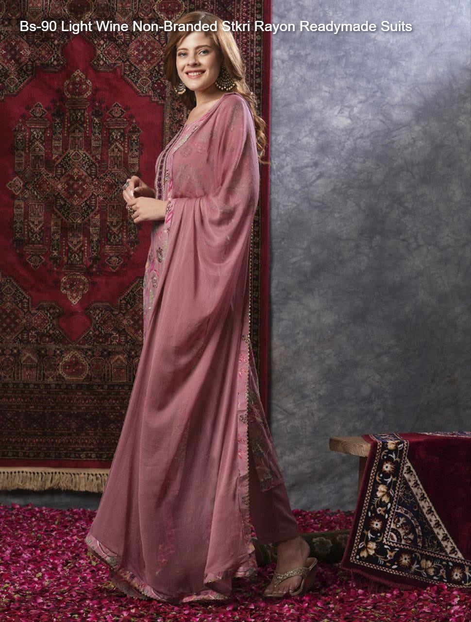 Bs-90 Light Wine Non-Branded Stkri Rayon Readymade Suits