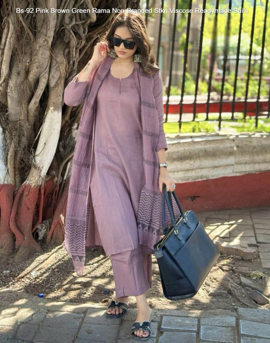Bs-92 Pink Brown Green Rama Non-Branded Stkri Viscose Readymade Suits