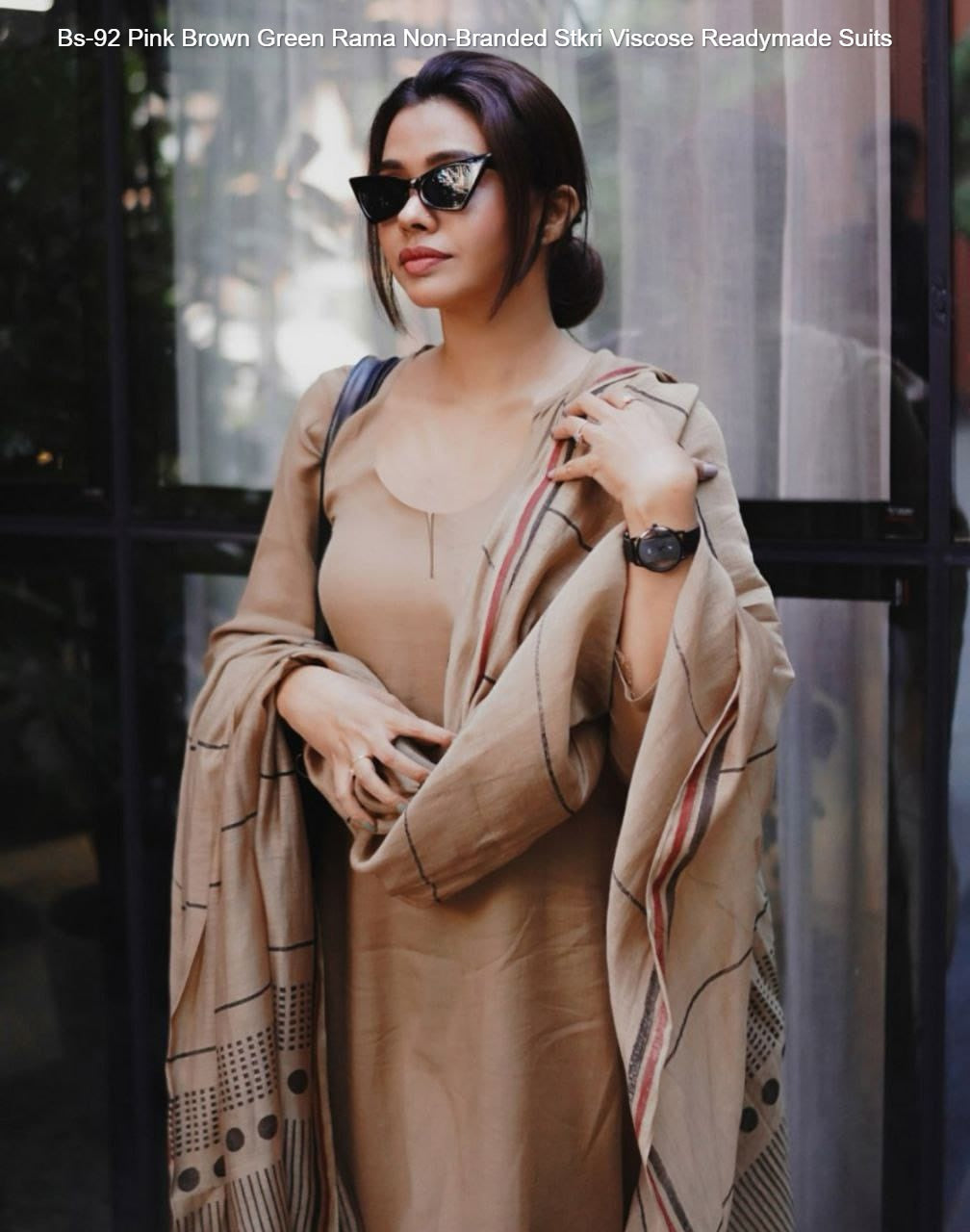 Bs-92 Pink Brown Green Rama Non-Branded Stkri Viscose Readymade Suits