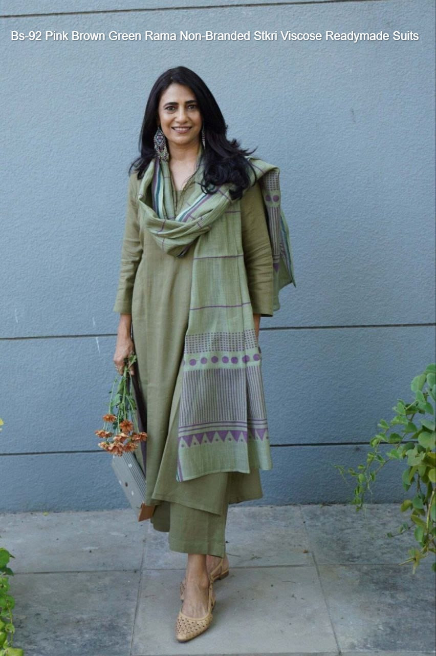 Bs-92 Pink Brown Green Rama Non-Branded Stkri Viscose Readymade Suits