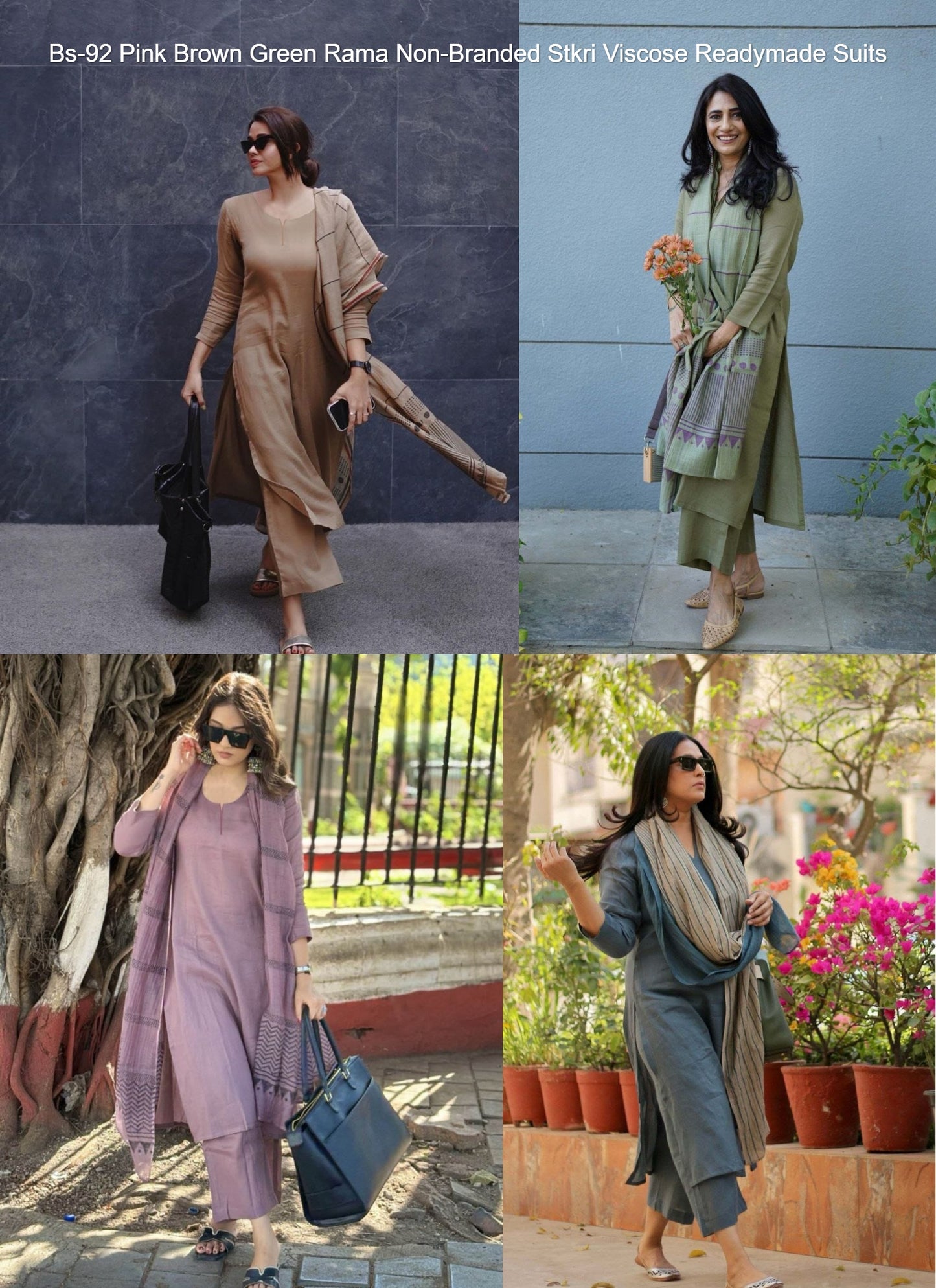 Bs-92 Pink Brown Green Rama Non-Branded Stkri Viscose Readymade Suits