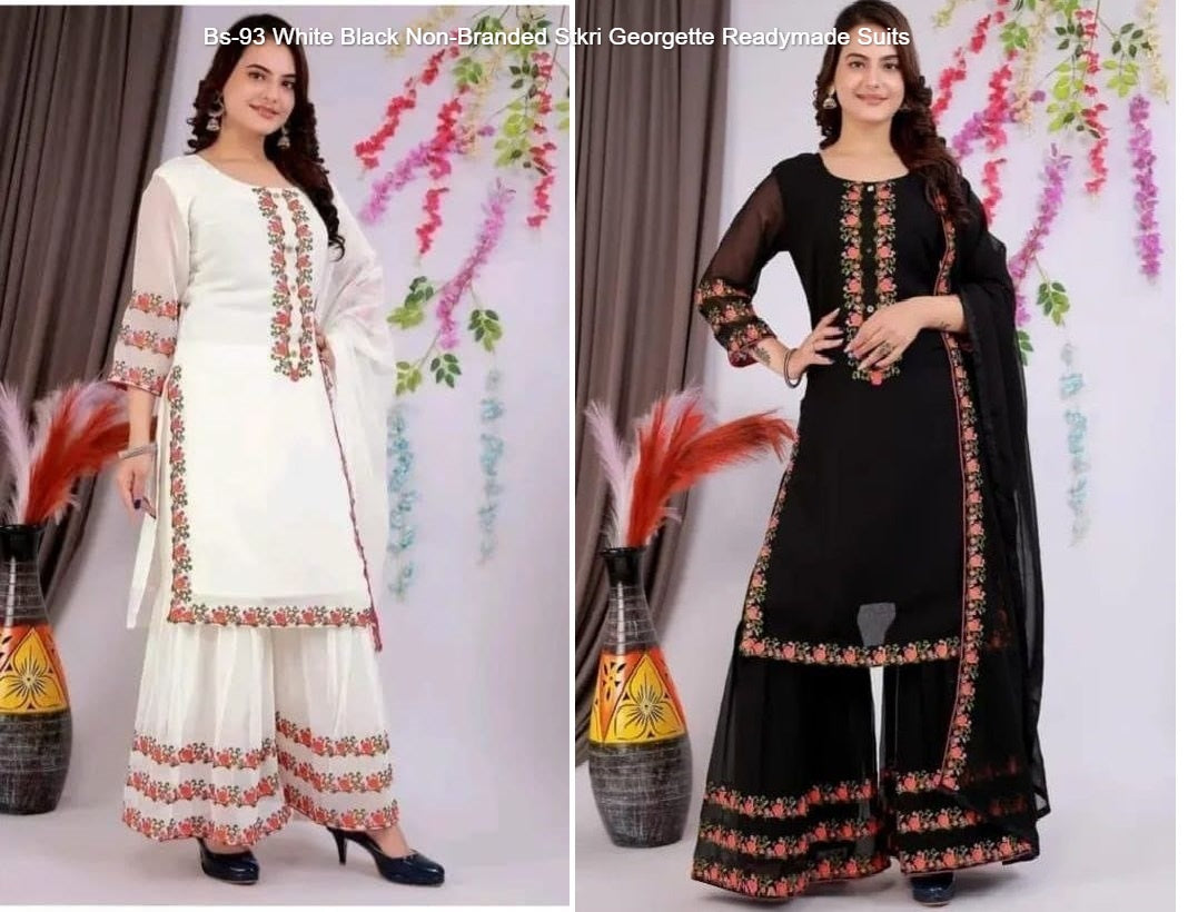 Bs-93 White Black Non-Branded Stkri Georgette Readymade Suits
