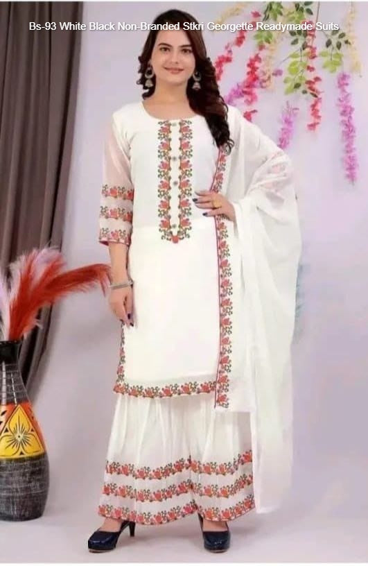 Bs-93 White Black Non-Branded Stkri Georgette Readymade Suits