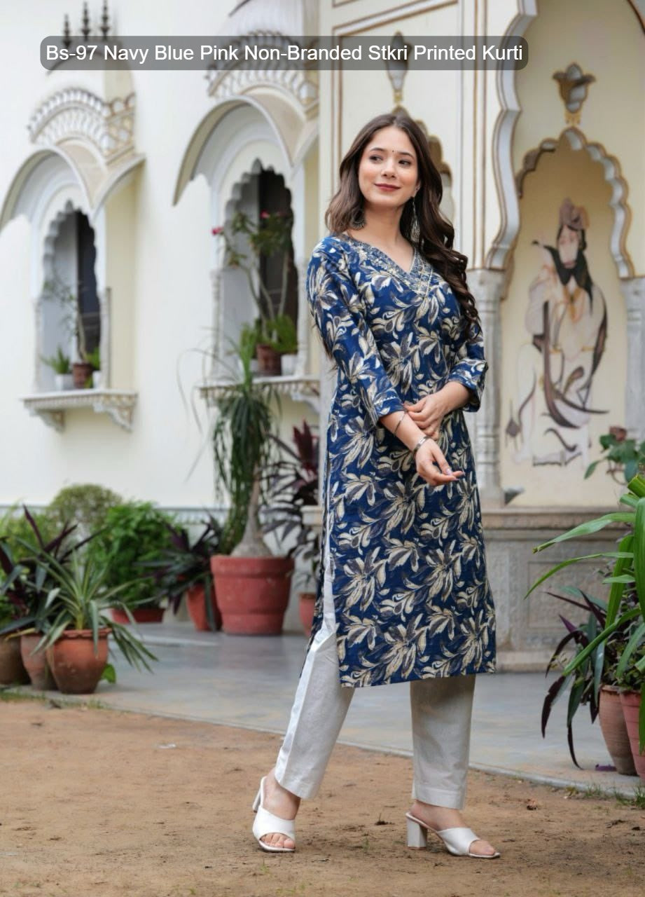 Bs-97 Navy Blue Pink Non-Branded Stkri Printed Kurti