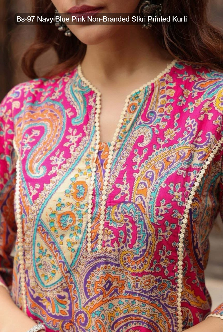Bs-97 Navy Blue Pink Non-Branded Stkri Printed Kurti