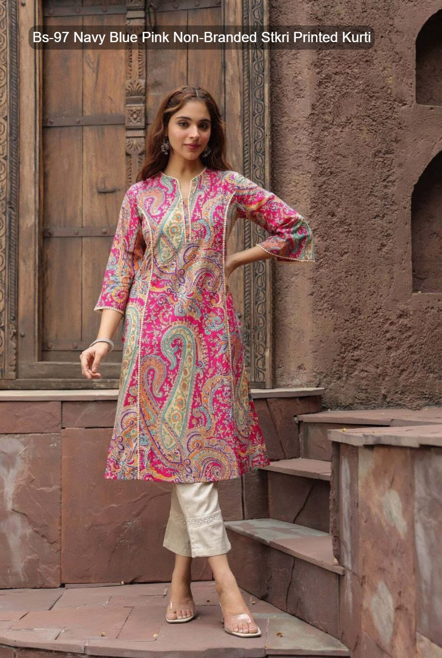 Bs-97 Navy Blue Pink Non-Branded Stkri Printed Kurti