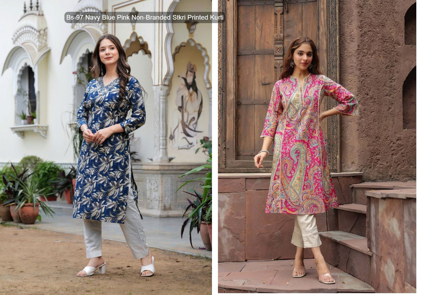 Bs-97 Navy Blue Pink Non-Branded Stkri Printed Kurti