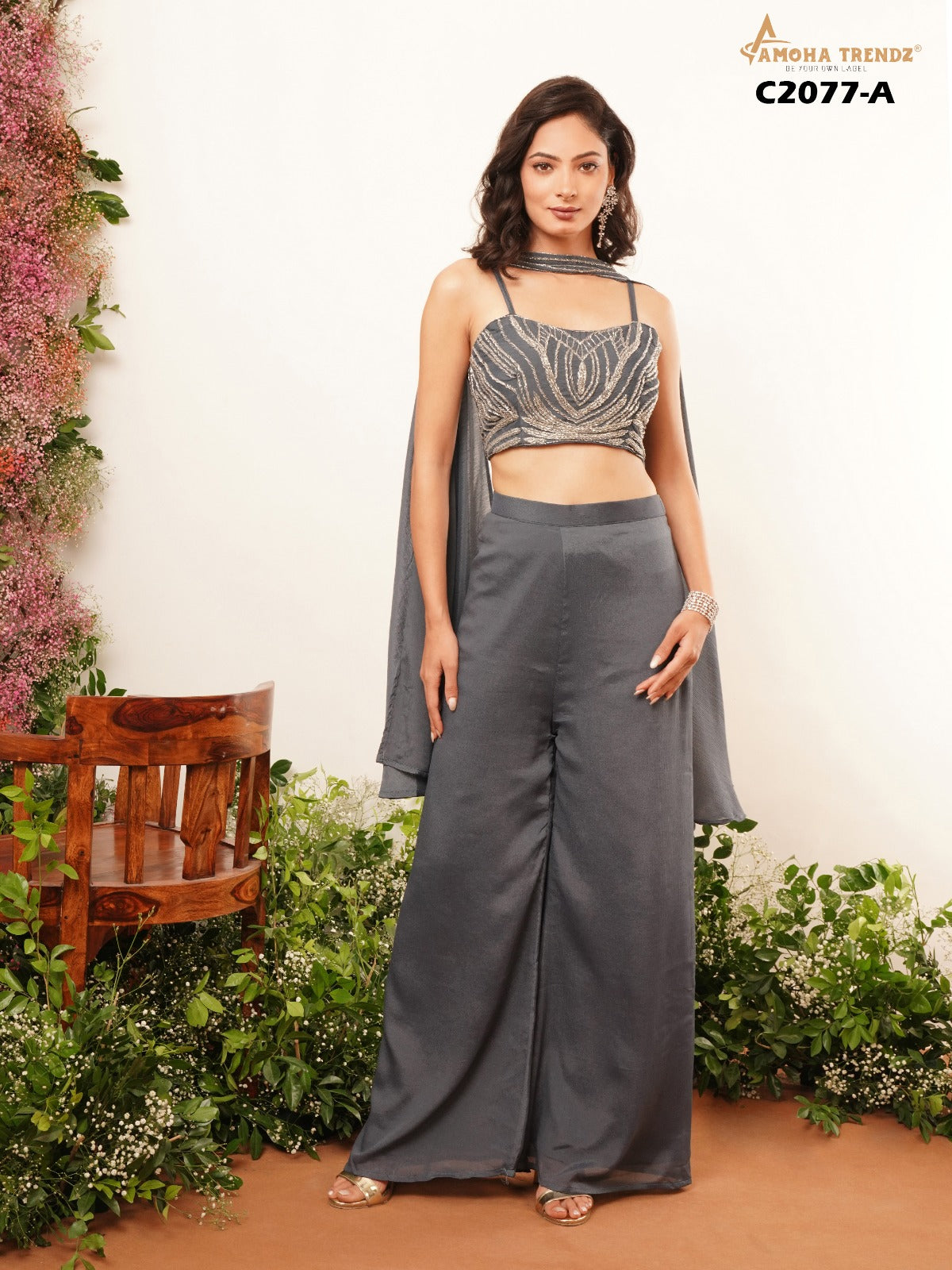 C2077A Amoha Chinon Crop Top Plazzo Set