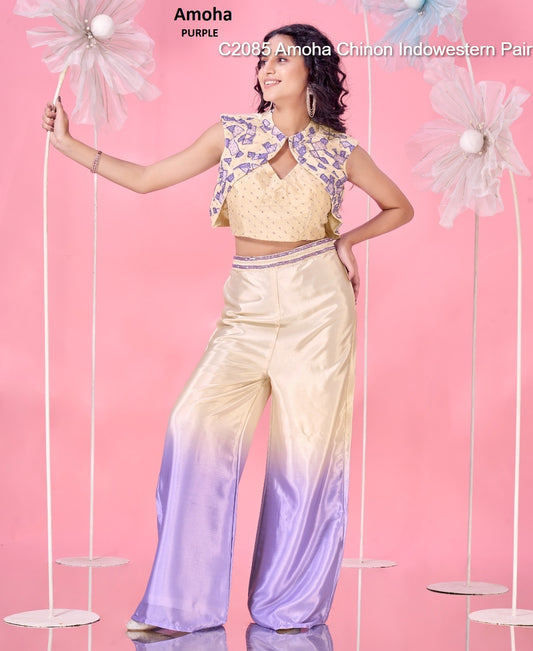 C2085 Purple Amoha Chinon Indowestern Pair