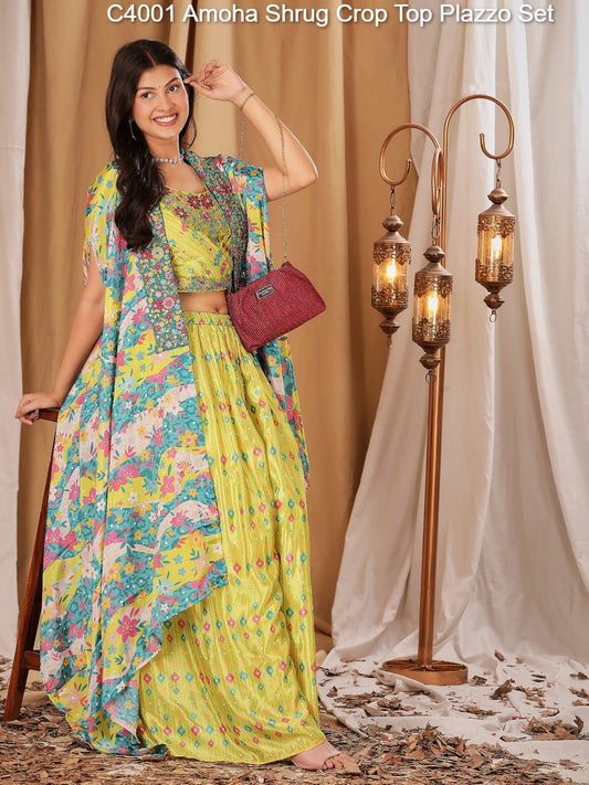 C4001 Amoha Shrug Crop Top Plazzo Set