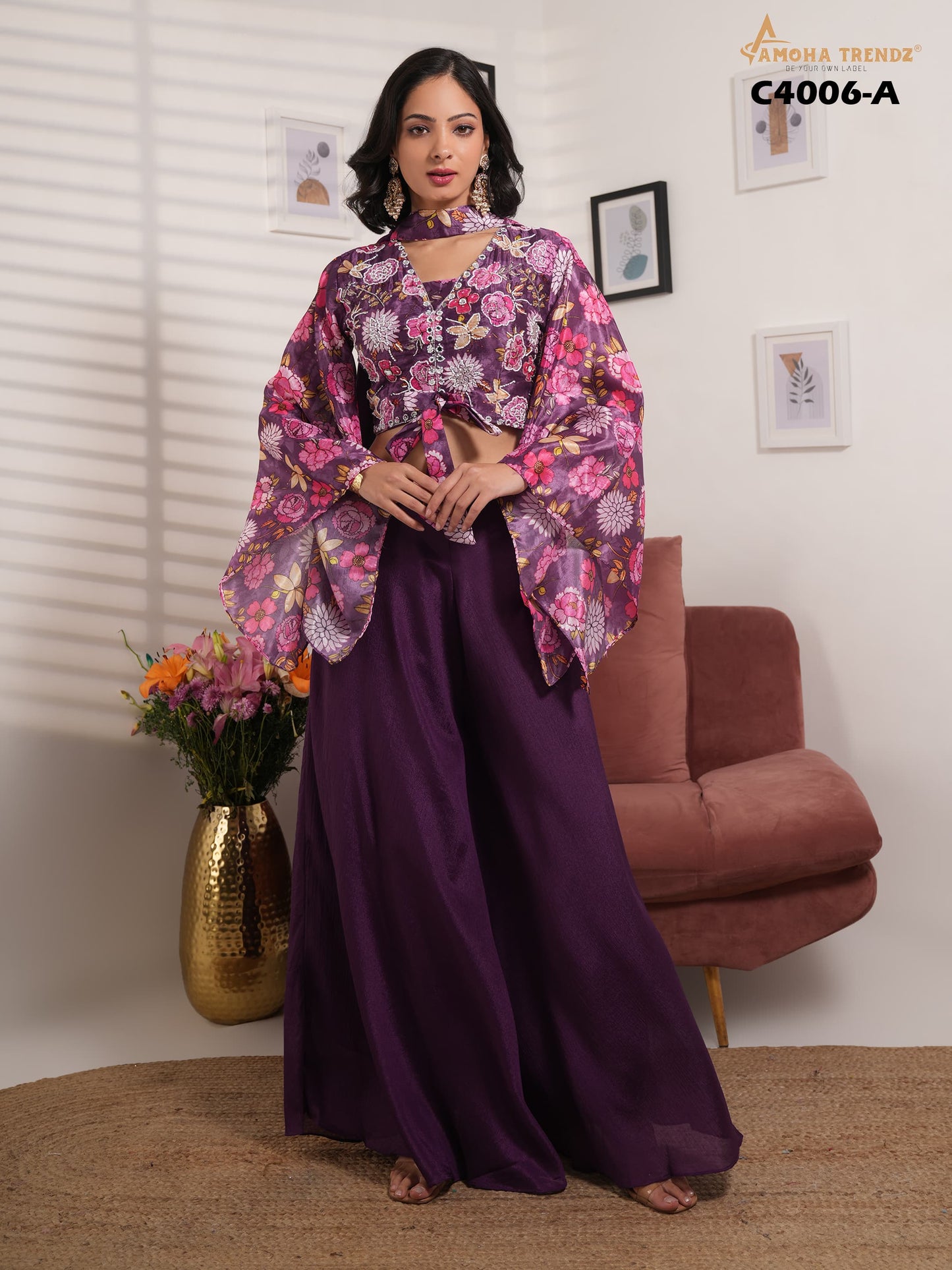 C4006-A Purple Amoha Printed Crop Top Plazzo Set