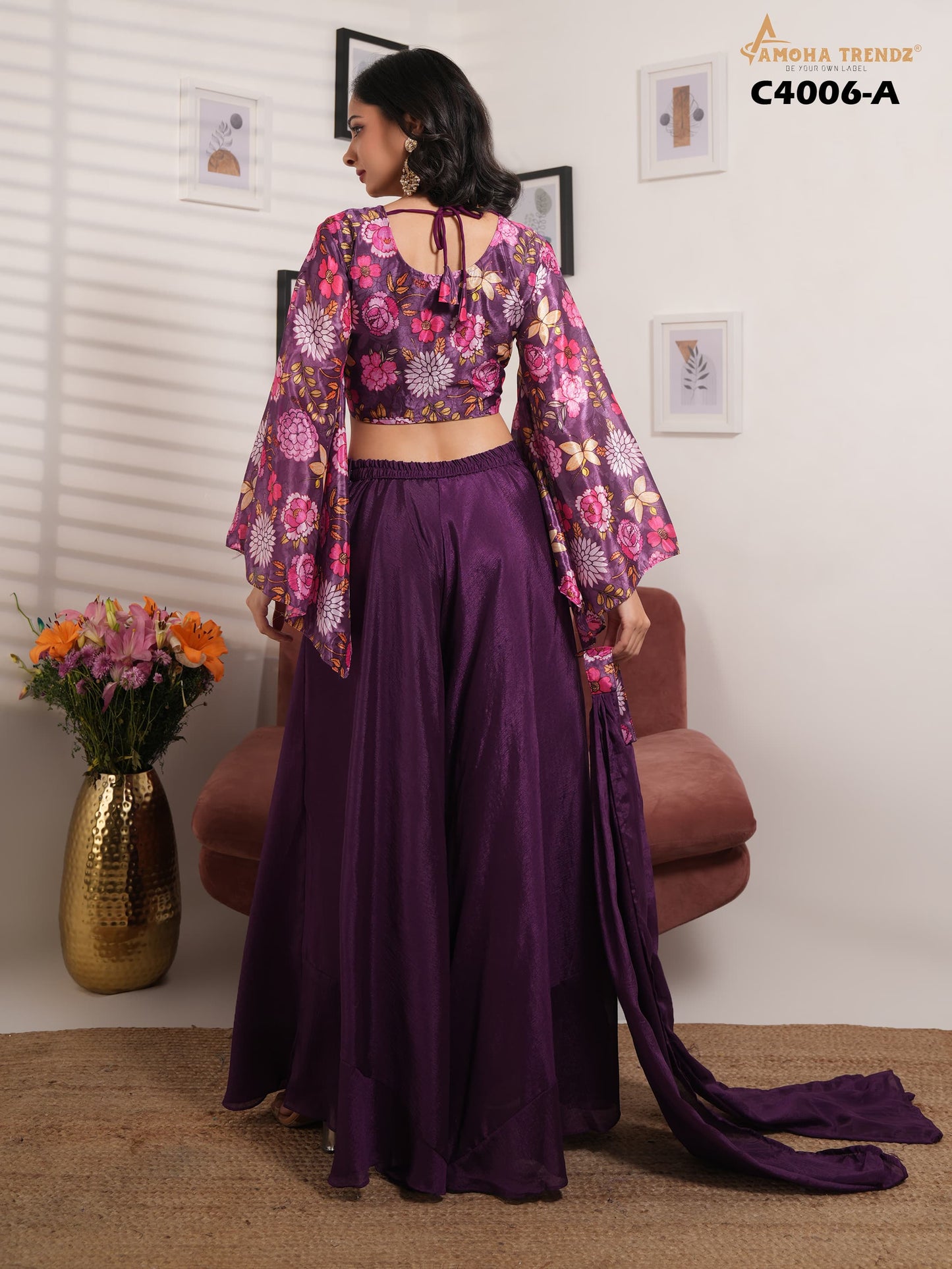 C4006-A Purple Amoha Printed Crop Top Plazzo Set