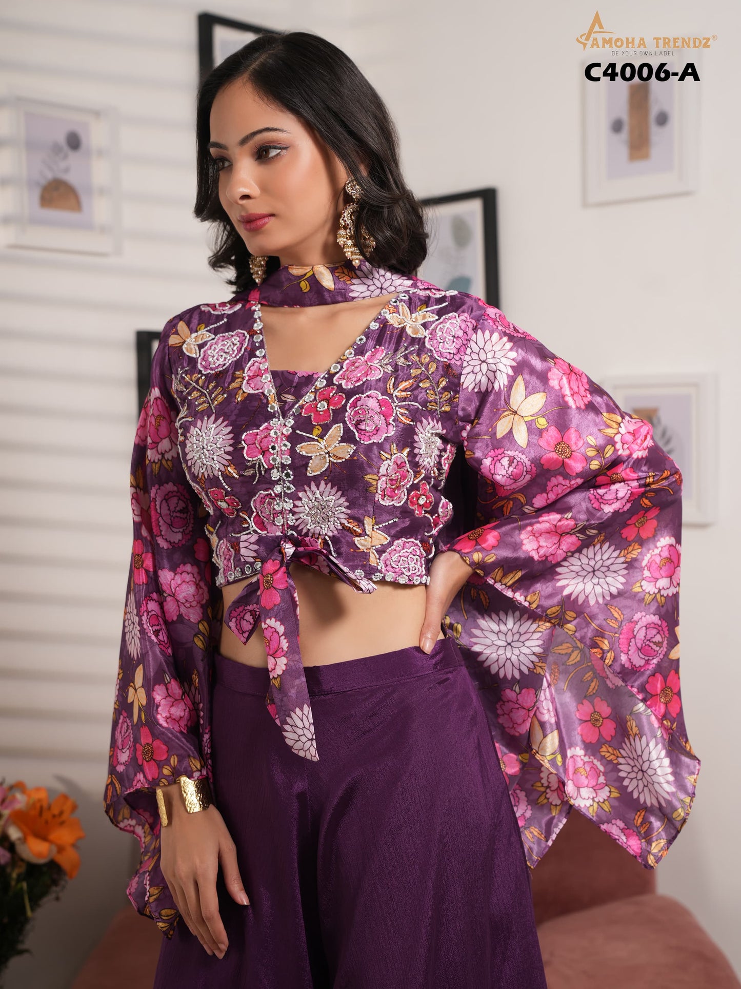 C4006-A Purple Amoha Printed Crop Top Plazzo Set
