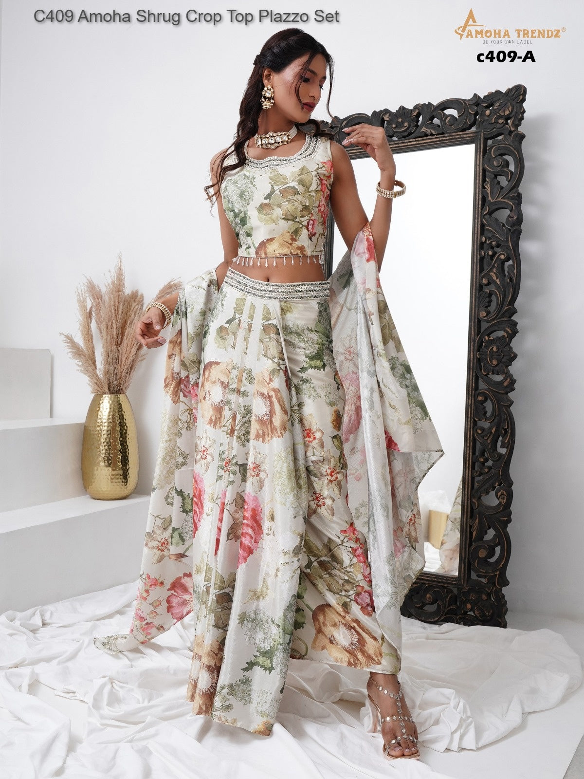 C409 Amoha Shrug Crop Top Plazzo Set