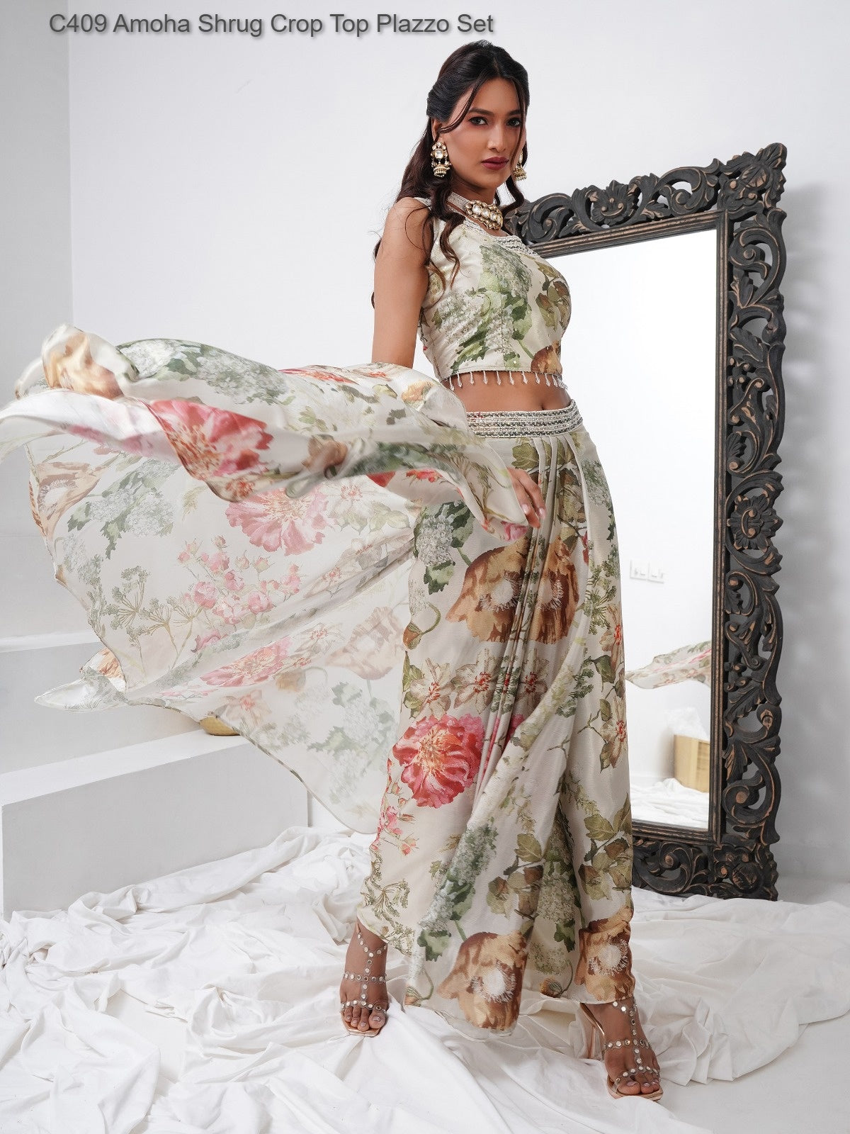 C409 Amoha Shrug Crop Top Plazzo Set