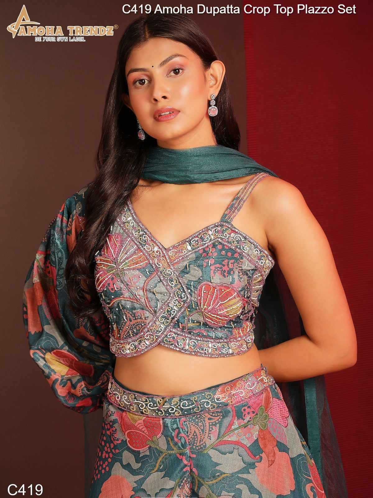 C419 Amoha Dupatta Crop Top Plazzo Set
