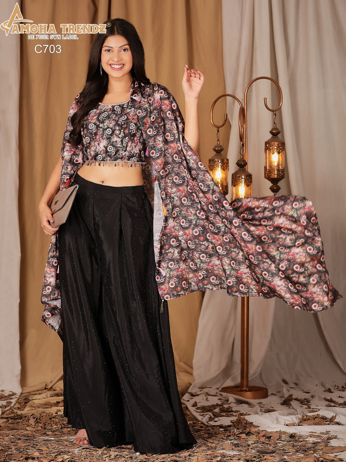 C703 Amoha Embroidered Crop Top Plazzo Set