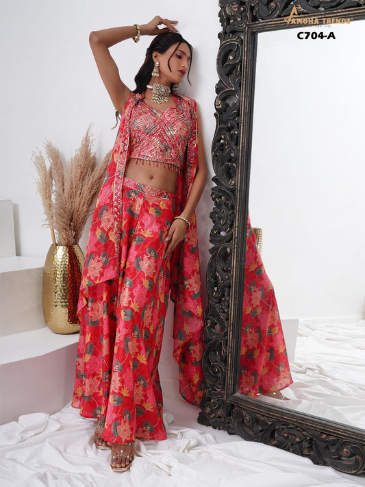 C704A Amoha Shrug Crop Top Plazzo Set