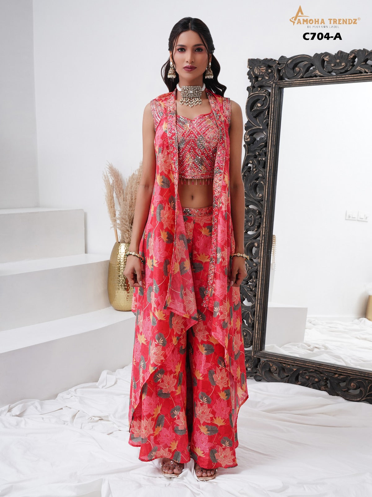 C704A Amoha Shrug Crop Top Plazzo Set