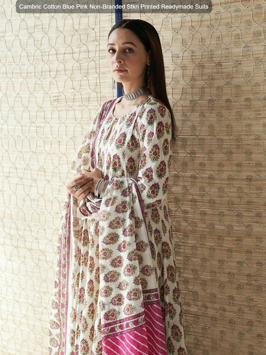 Cambric Cotton Blue Pink Non-Branded Stkri Printed Readymade Suits