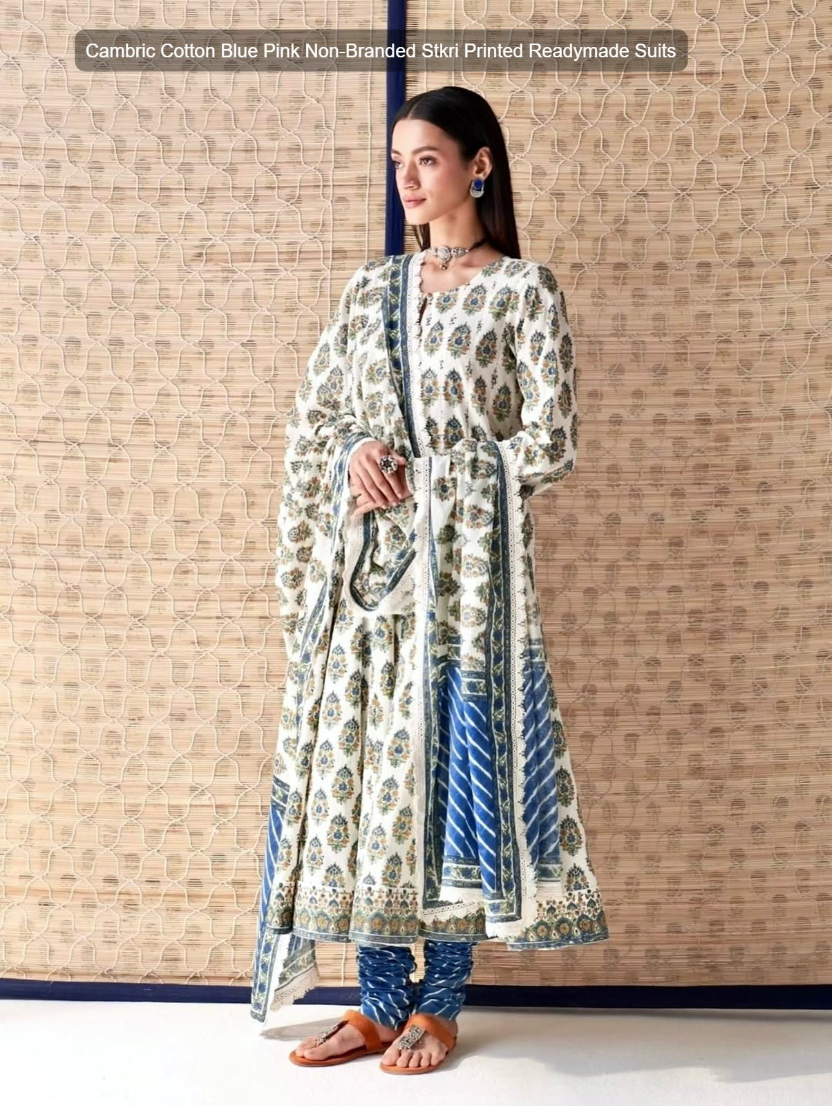 Cambric Cotton Blue Pink Non-Branded Stkri Printed Readymade Suits