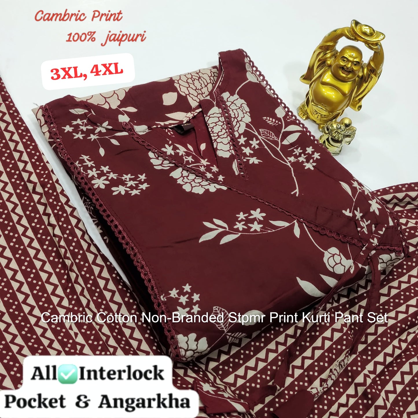 Cambric Cotton Non-Branded Stpmr Print Kurti Pant Set