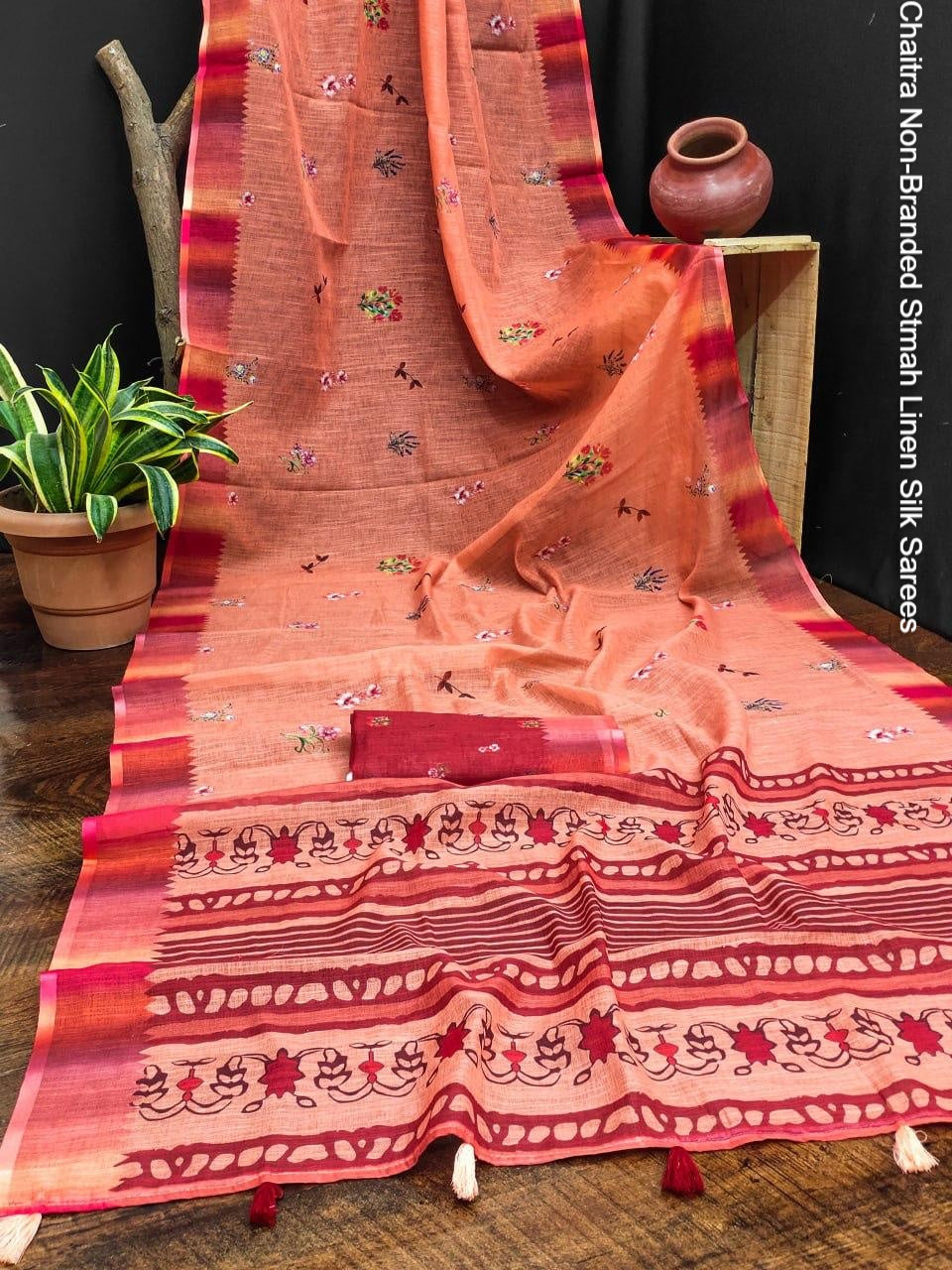 Chaitra Non-Branded Stmah Linen Silk Sarees