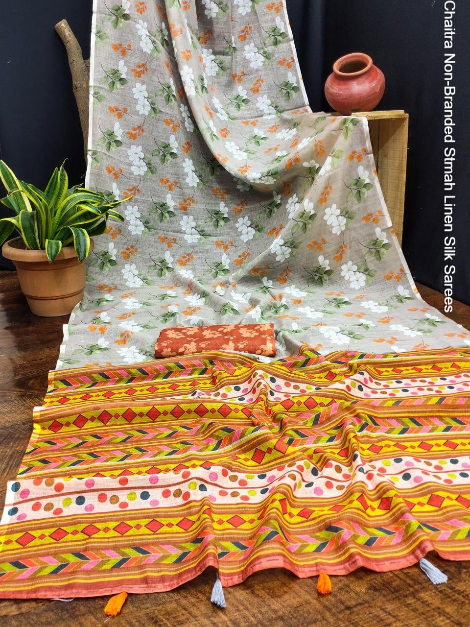 Chaitra Non-Branded Stmah Linen Silk Sarees