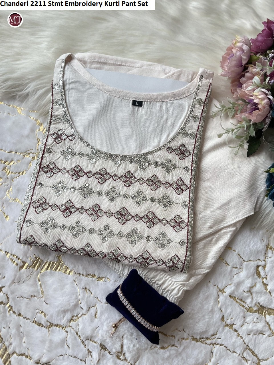 Chanderi 2211 Stmt Embroidery Kurti Pant Set