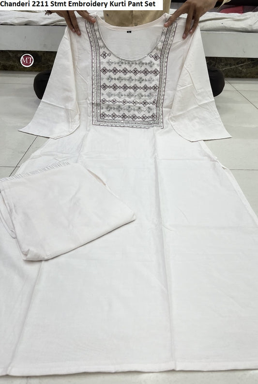 Chanderi 2211 Stmt Embroidery Kurti Pant Set