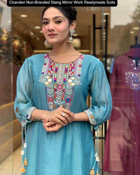 Chanderi Non-Branded Stang Mirror Work Readymade Suits
