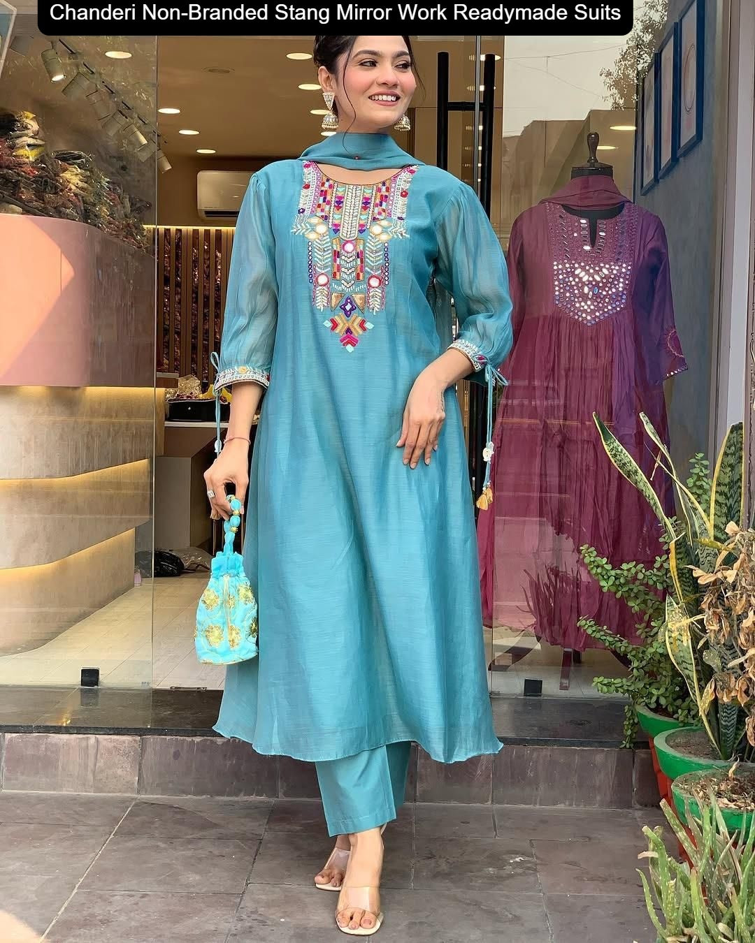 Chanderi Non-Branded Stang Mirror Work Readymade Suits