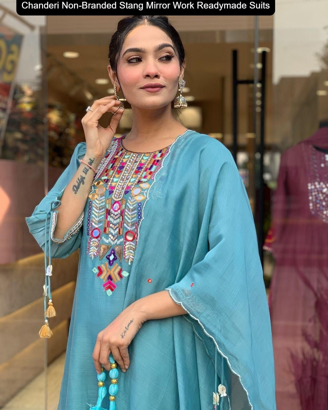Chanderi Non-Branded Stang Mirror Work Readymade Suits