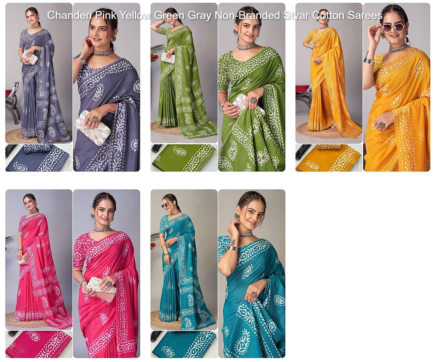 Chanderi Pink Yellow Green Gray Non-Branded Stvar Cotton Sarees