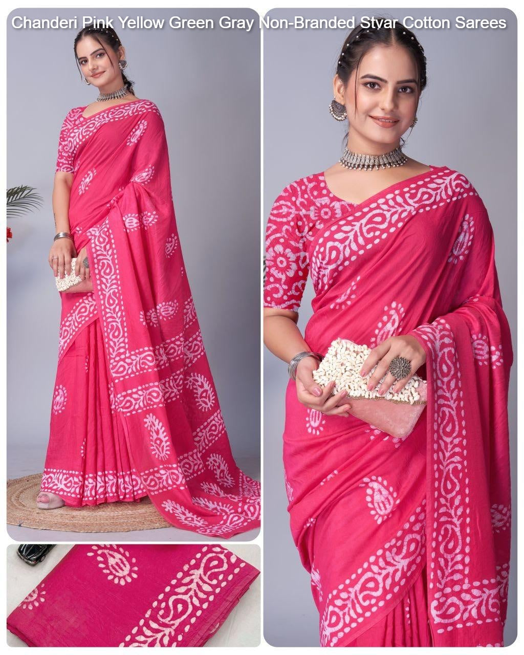 Chanderi Pink Yellow Green Gray Non-Branded Stvar Cotton Sarees