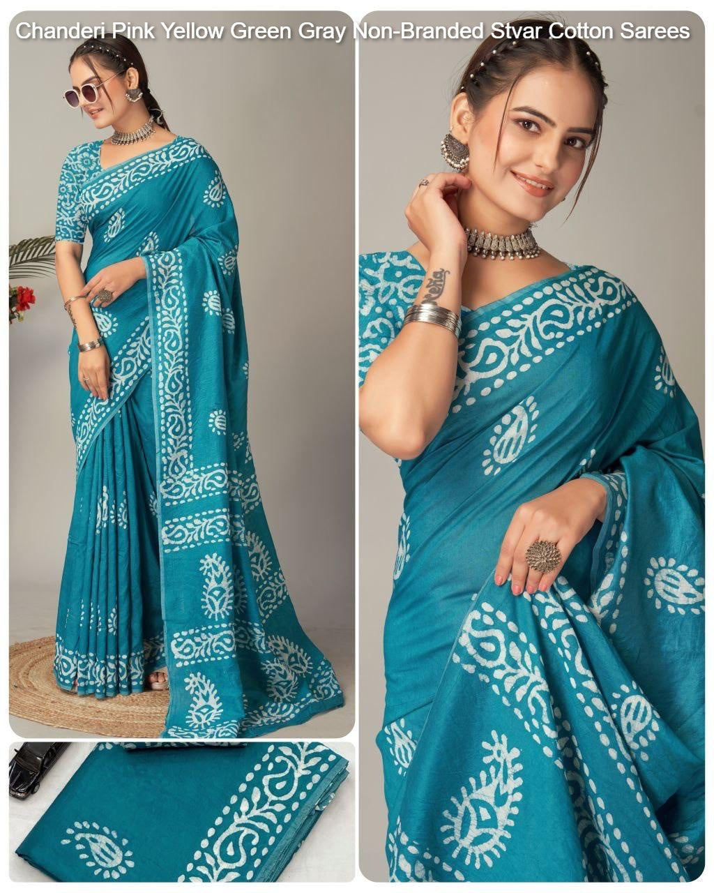 Chanderi Pink Yellow Green Gray Non-Branded Stvar Cotton Sarees