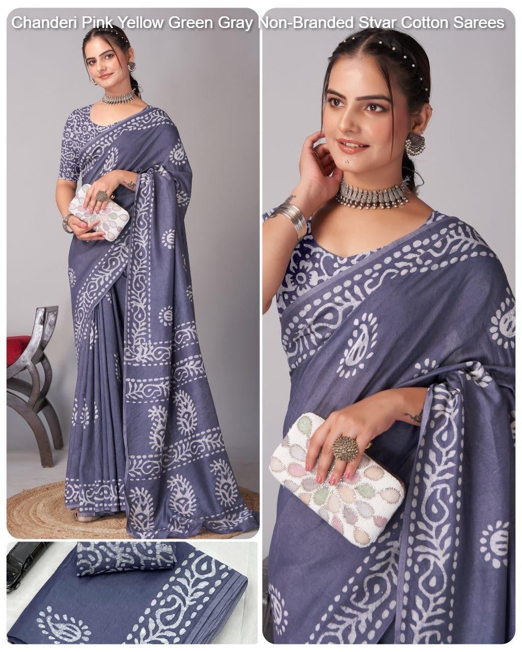 Chanderi Pink Yellow Green Gray Non-Branded Stvar Cotton Sarees