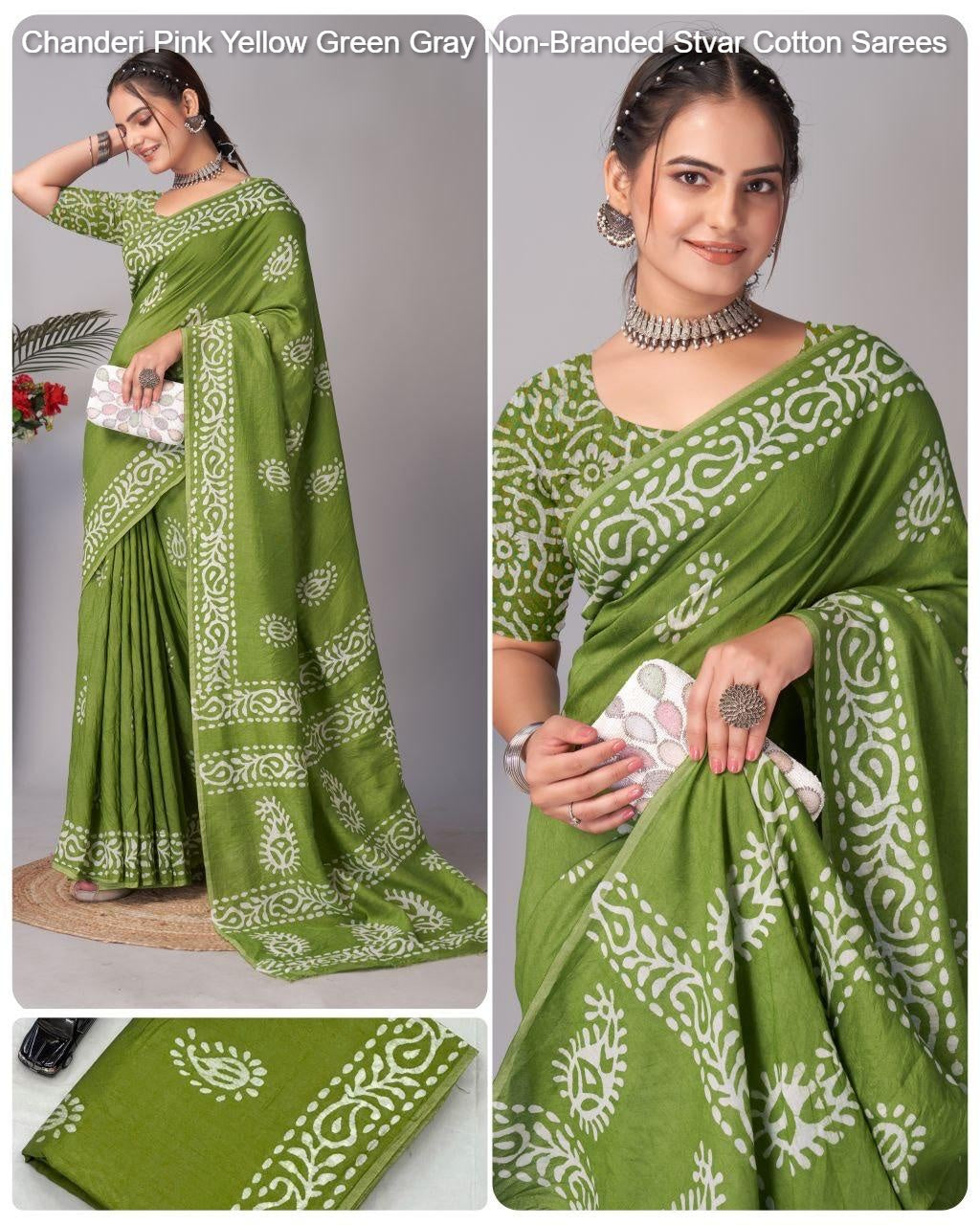 Chanderi Pink Yellow Green Gray Non-Branded Stvar Cotton Sarees