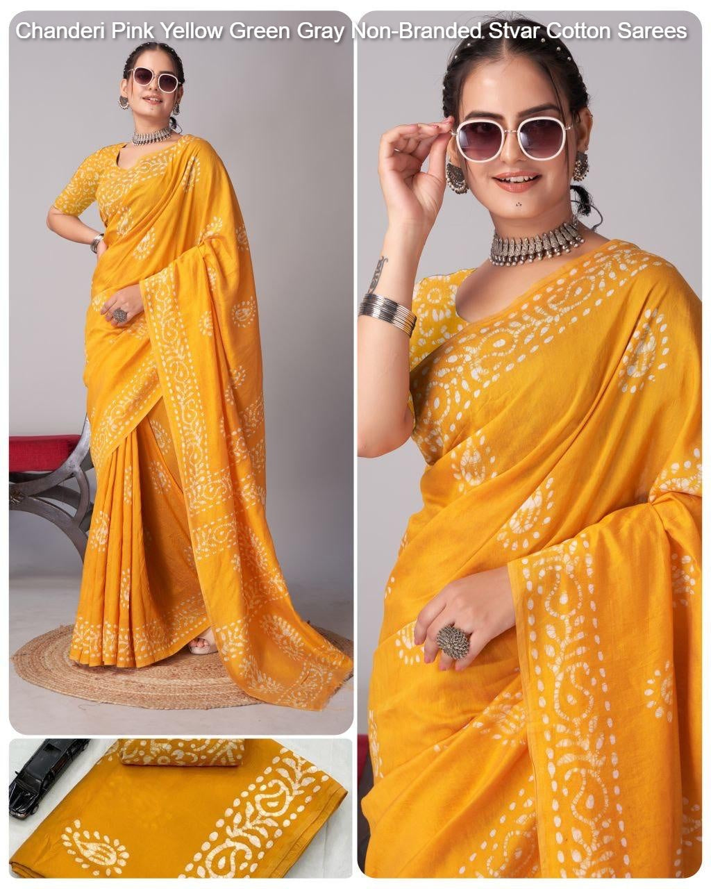 Chanderi Pink Yellow Green Gray Non-Branded Stvar Cotton Sarees