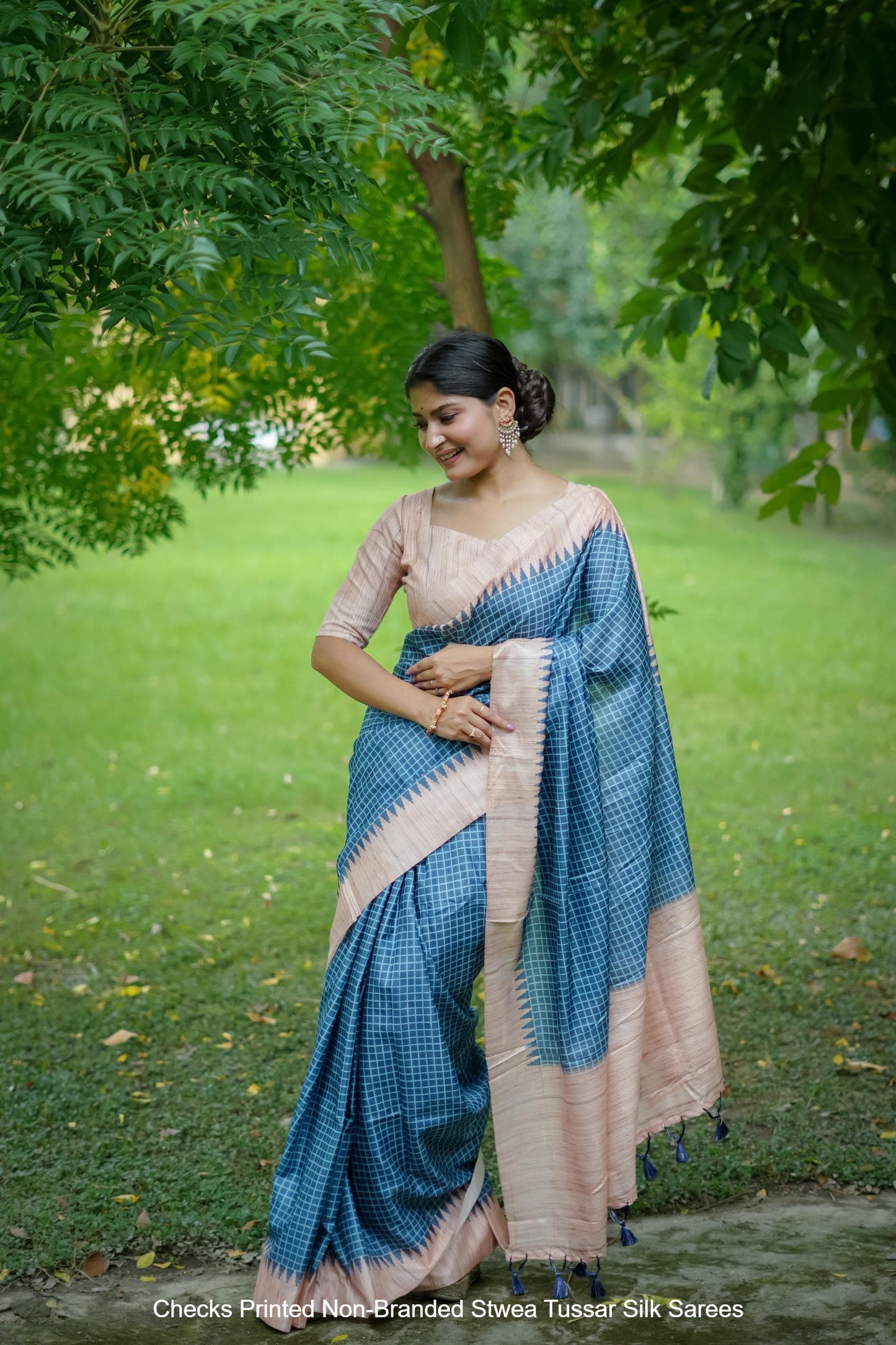 Checks Printed Non-Branded Stwea Tussar Silk Sarees
