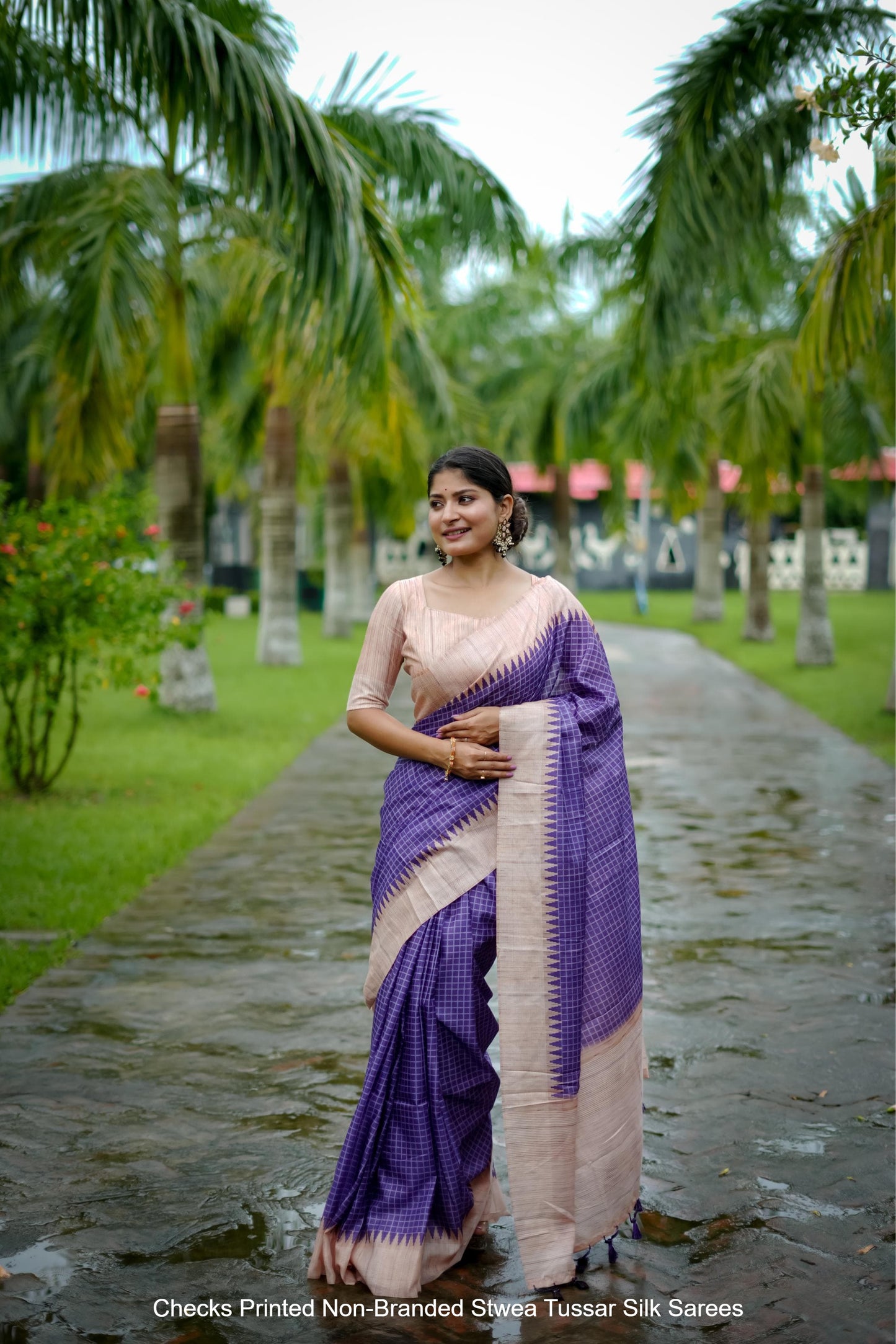 Checks Printed Non-Branded Stwea Tussar Silk Sarees