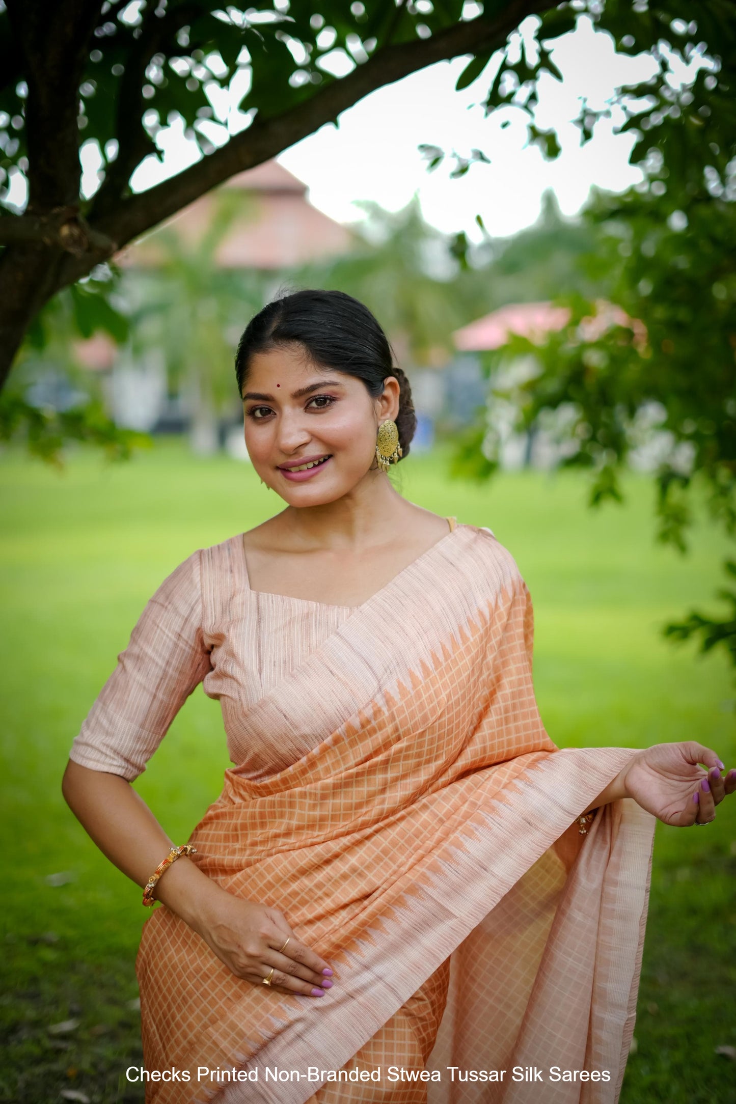 Checks Printed Non-Branded Stwea Tussar Silk Sarees