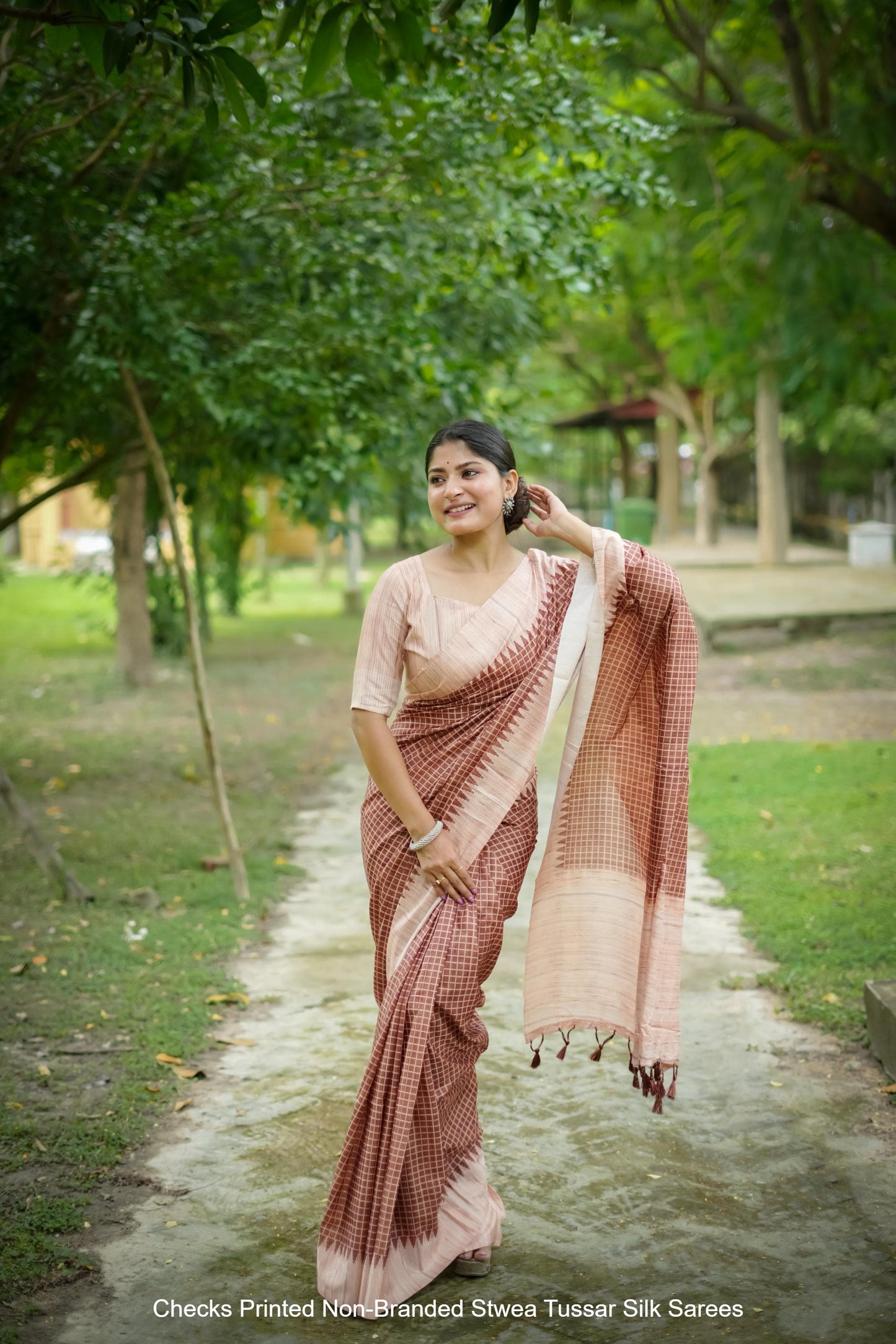 Checks Printed Non-Branded Stwea Tussar Silk Sarees