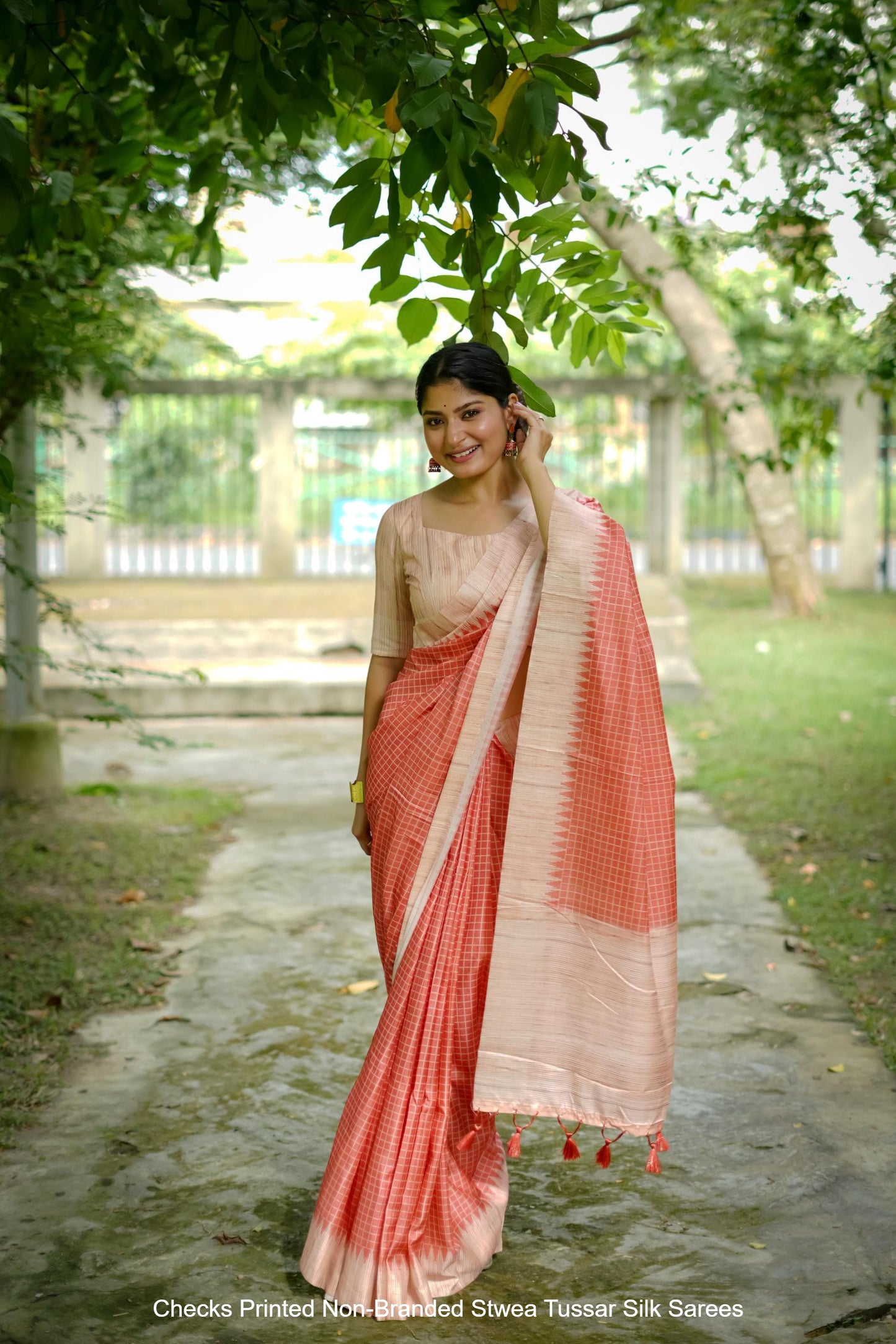Checks Printed Non-Branded Stwea Tussar Silk Sarees