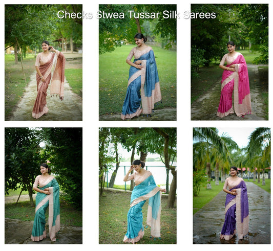 Checks Stwea Tussar Silk Sarees