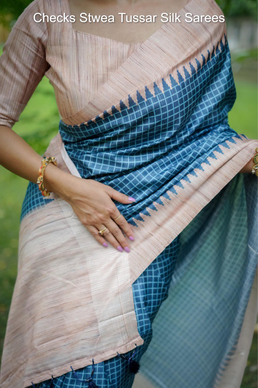 Checks Stwea Tussar Silk Sarees